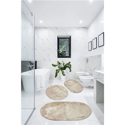 BESELY 3'lü Banyo Halısı Paspası Peluş Klozet Takımı-bej 60x90(elips)-50x60(elips)-60x60(yuvarlak) BSLYBANYO3LÜ