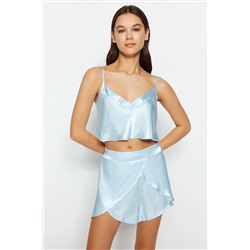 TRENDYOLMİLLA Mavi Saten Atlet-Şort Dokuma Pijama Takımı THMSS23PT00097