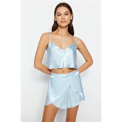 TRENDYOLMİLLA Mavi Saten Atlet-Şort Dokuma Pijama Takımı THMSS23PT00097