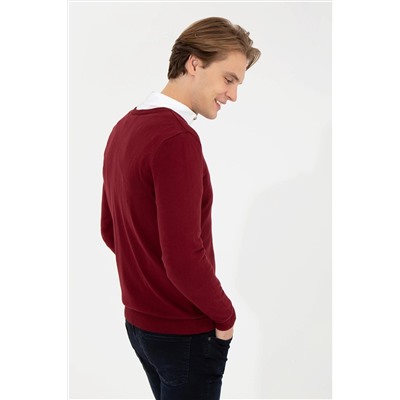 Erkek Bordo V - Yaka Basic Triko Kazak