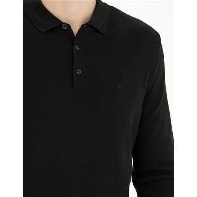 Siyah Slim Fit Polo Yaka Basic Triko Kazak