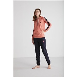 U.S. Polo Assn. Kadın %100 Pamuklu Somon & Lacivert Kapüşonlu Dar Paça Sweatshirt-Eşofman Altı 2'li Pijama Takımı 26946