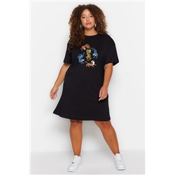 Siyah Bisiklet Yaka Leopar Baskılı %100 Pamuk Örme Büyük Beden T-shirt Elbise TBBSS23AH00163