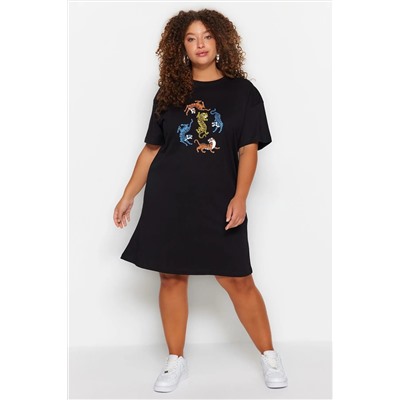 Siyah Bisiklet Yaka Leopar Baskılı %100 Pamuk Örme Büyük Beden T-shirt Elbise TBBSS23AH00163