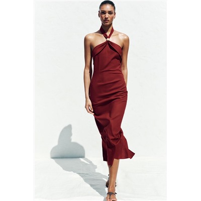 LINEN BLEND HALTER MIDI DRESS