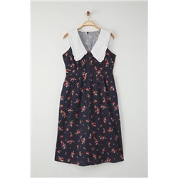 Çok Renkli Çiçekli Poplin %100 Pamuk Bebe Yaka Midi Dokuma Büyük Beden Elbise TBBSS25AH00158