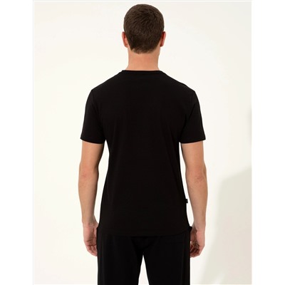 Siyah Slim Fit Baskılı Bisiklet Yaka Tişört