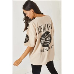 Olalook, Newyork Bej Ön Arka Baskılı 2 iplik Unisex Oversize Tişört TSH-19000696