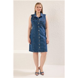 Trendyol Curve Mavi Gömlek Yaka Cepli Comfort Denim Büyük Beden Elbise TBBSS25AH00088