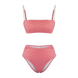 Trendyolmilla Pudra Straplez İnci Aksesuarlı Simli Yüksek Bel Regular Bikini Takımı TBESS25BT00060