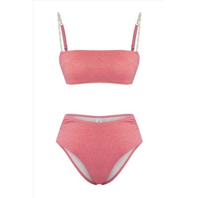 Trendyolmilla Pudra Straplez İnci Aksesuarlı Simli Yüksek Bel Regular Bikini Takımı TBESS25BT00060