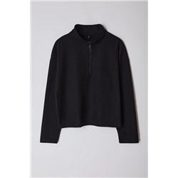 Siyah  Dik Yaka Fermuarlı Selanik İnce Örme Sweatshirt TBBAW23AO00006