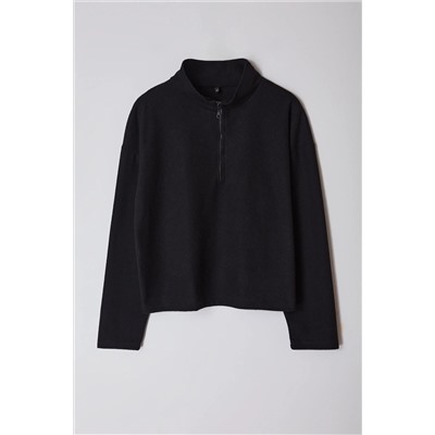 Siyah  Dik Yaka Fermuarlı Selanik İnce Örme Sweatshirt TBBAW23AO00006