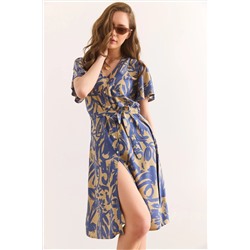 Olalook, Kadın Bej Indigo V Yaka Kuşaklı Dokuma Mini Gömlek Elbise Elb-19002380