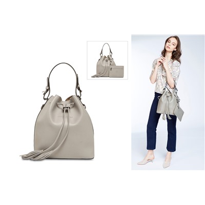 Bolso saco de piel y neceser Jila Gris claro