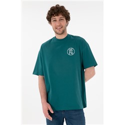 Erkek Oversize Fit Bisiklet Yaka Koyu Yeşil Tişört