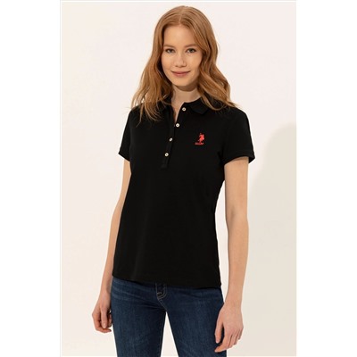 Kadın Siyah Basic Polo Yaka Tişört