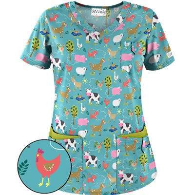 UA On The Farm Amazing Aqua Print Scrub Top