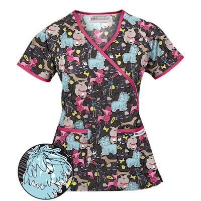 UA Dog Park Black Mock Wrap Print Scrub Top