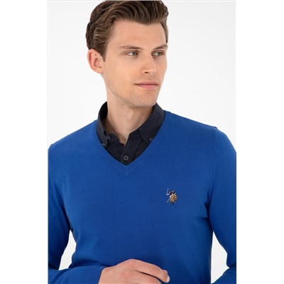 Erkek Slim Fit V Yaka Saks Basic Kazak