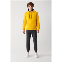 Sarı Kapüşonlu Yaka İçi Polarlı 3 İplik Pamuklu Regular Fit Standart Kesim Unisex Sweatshirt