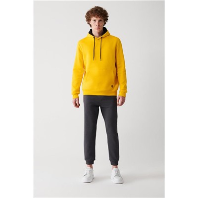 Sarı Kapüşonlu Yaka İçi Polarlı 3 İplik Pamuklu Regular Fit Standart Kesim Unisex Sweatshirt