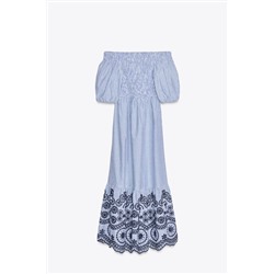 STRIPED EMBROIDERED MIDI DRESS