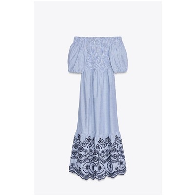 STRIPED EMBROIDERED MIDI DRESS