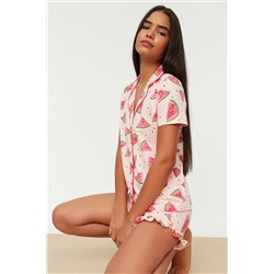 TRENDYOLMİLLA Pembe Karpuz Desenli Pamuklu Gömlek-Şort Örme Pijama Takımı THMSS21PT0670