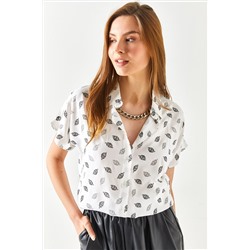 Olalook Kadın Yaprak Siyah Yarasa Desenli Dokuma Viskon Gömlek GML-19001131
