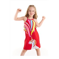 Denokids Unicorn Love Pamuklu Kız Çocuk Askılı Elbise Kırmızı CFF-22Y2-003