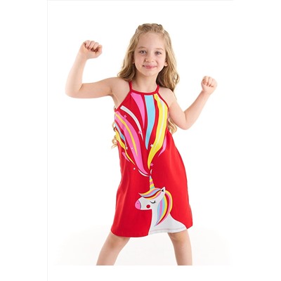 Denokids Unicorn Love Pamuklu Kız Çocuk Askılı Elbise Kırmızı CFF-22Y2-003