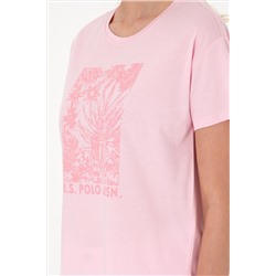 Kadın Açık Pembe Desenli Bisiklet Yaka Tişört