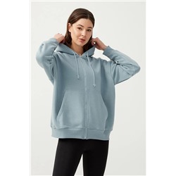 LOS OJOSKadın Mavi Gri Kapüşonlu Oversize Şardonlu Fermuarlı Örme Sweatshirt