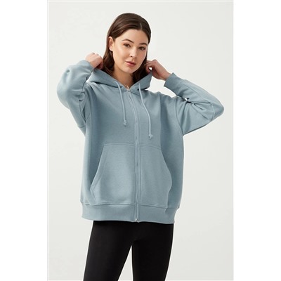 LOS OJOSKadın Mavi Gri Kapüşonlu Oversize Şardonlu Fermuarlı Örme Sweatshirt