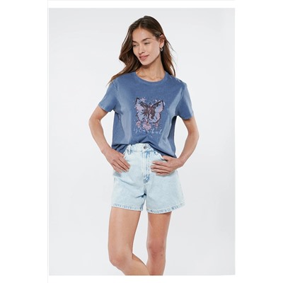 Mavi Kelebek Baskılı Istanbul Tişört Slim Fit / Dar Kesim 168571-30233