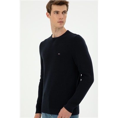 Erkek Slim Fit Bisiklet Yaka Lacivert Basic Kazak