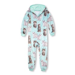 Girls Matching Family Long Sleeve Kitty Hooded Fleece One-Piece Sleeper