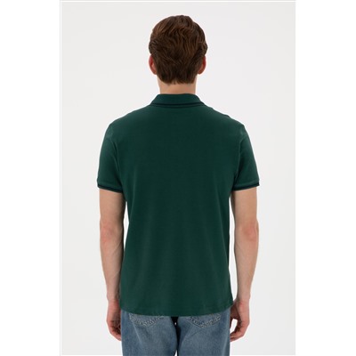 Erkek Slim Fit Polo Yaka Koyu Yeşil Basic Tişört