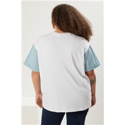 Yeşil Oversize Slogan Baskılı Kolda Çizgili Poplin Detaylı %100 Pamuk Örme T-shirt TBBSS24BF00017