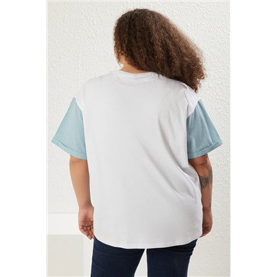 Yeşil Oversize Slogan Baskılı Kolda Çizgili Poplin Detaylı %100 Pamuk Örme T-shirt TBBSS24BF00017