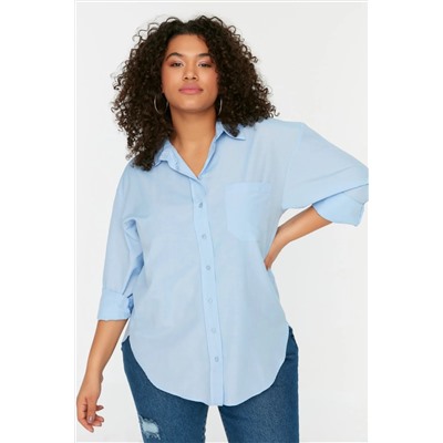 Mavi Loose Fit Pamuklu Uzun Kol Büyük Beden Dokuma Gömlek TBBSS22GO0323