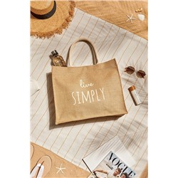 Ocean Home Textile Lıve Sımply Baskılı Naturel Jüt Alışveriş, Omuz, Kol, Deniz Plaj Çantası 42x12x35 OCH.BBG.V059