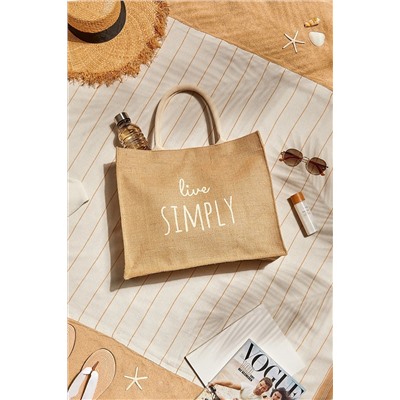 Ocean Home Textile Lıve Sımply Baskılı Naturel Jüt Alışveriş, Omuz, Kol, Deniz Plaj Çantası 42x12x35 OCH.BBG.V059