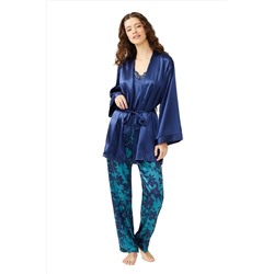 Cottonhill Lacivert Dantel Detaylı Çiçek Desenli Saten Pijama Takımı 3'lü Set CTNHLL1512