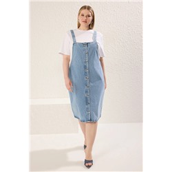 Trendyol Curve Mavi Önü Düğmeli Askılı Rigid Denim Büyük Beden Elbise TBBSS25AH00095