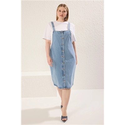 Trendyol Curve Mavi Önü Düğmeli Askılı Rigid Denim Büyük Beden Elbise TBBSS25AH00095