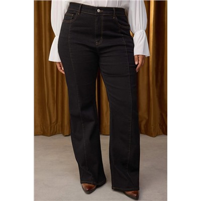 Özel Koleksiyon Siyah Yüksek Bel Nervürlü İspanyol Paça Büyük Beden Flare Jeans TBBAW26CJ00013