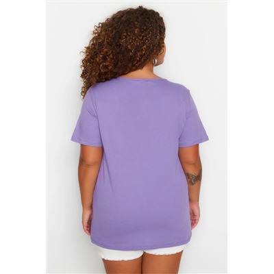 Lila Yaka Detaylı Boyfriend Fit %100 Pamuk Örme Büyük Beden T-Shirt TBBSS22TS1027