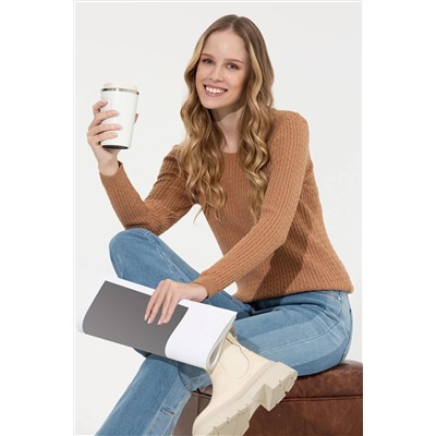 Kadın Camel Bisiklet Yaka Basic Kazak